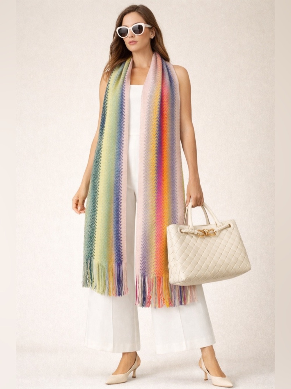 Missoni Multicolor Zigzag Knit Scarf Wrap Fringe Shawl Italy 84 x 14.5 NWT